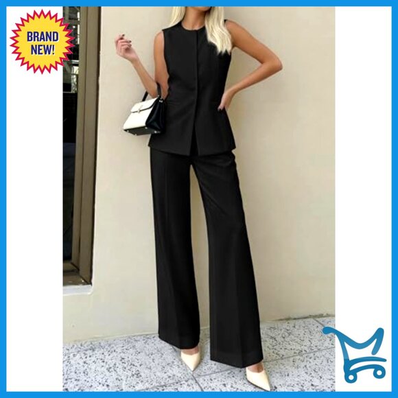 Sleeveless Vest & Wide Leg Pantsuit Set for Business Casual Work Wear - Picture 2 of 7